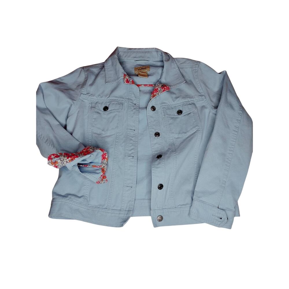 LL Bean denim jean jacket with floral design, small, baby blue, beautiful!